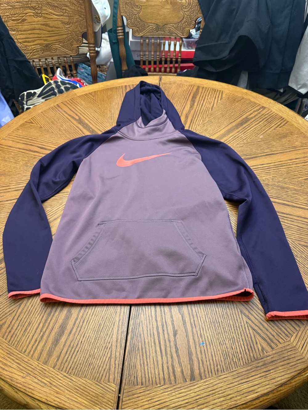 Nike Purple Hoodie with Navy Sleeves and Coral Swoosh